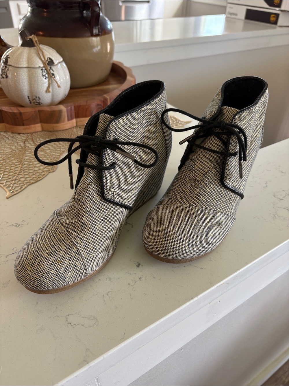 Toms Tweed Lace-Up Ankle Booties in Beige and Black Trim